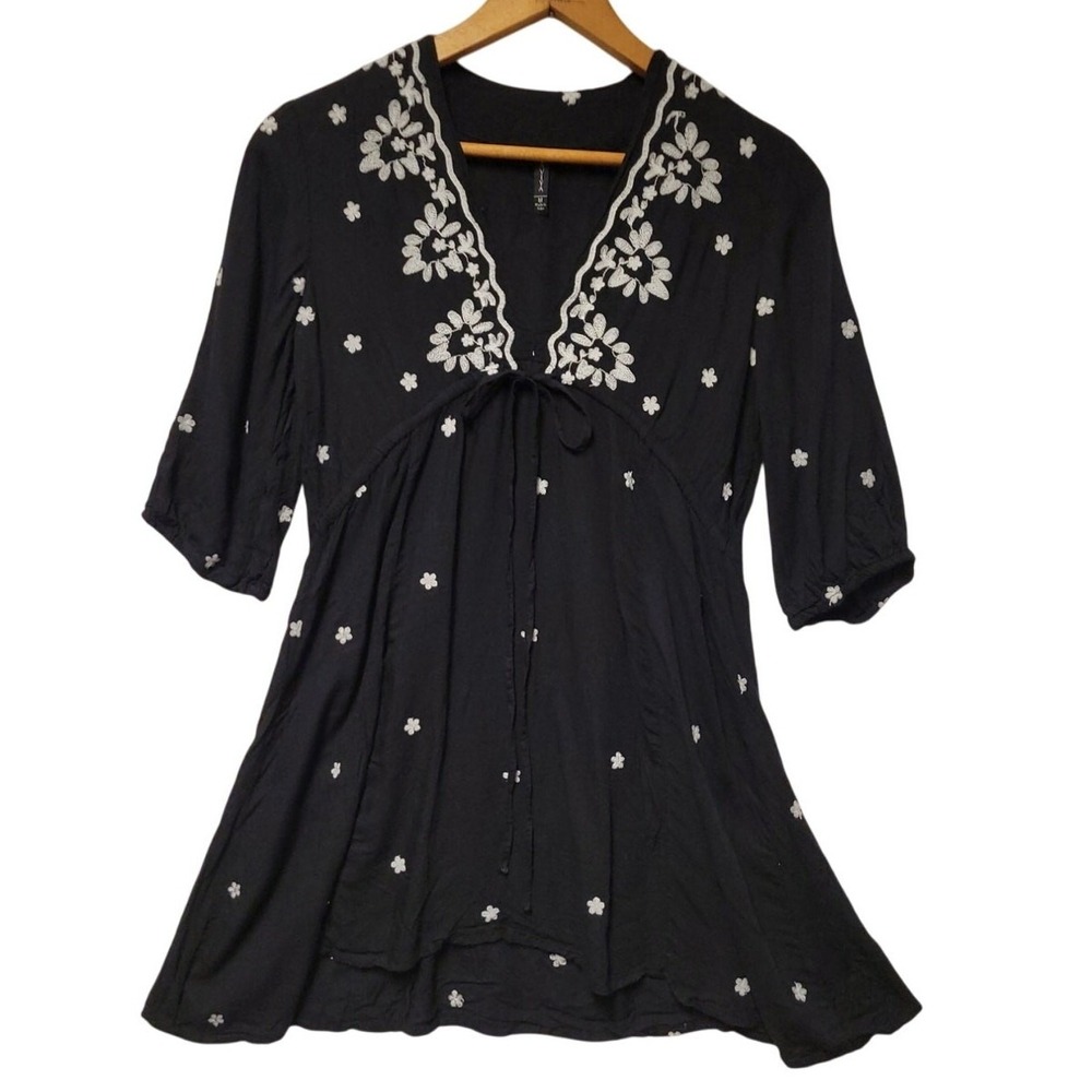 Raviya Embroidered Boho Tunic Top Mini Dress Womens Size M Black Babydoll Floral
